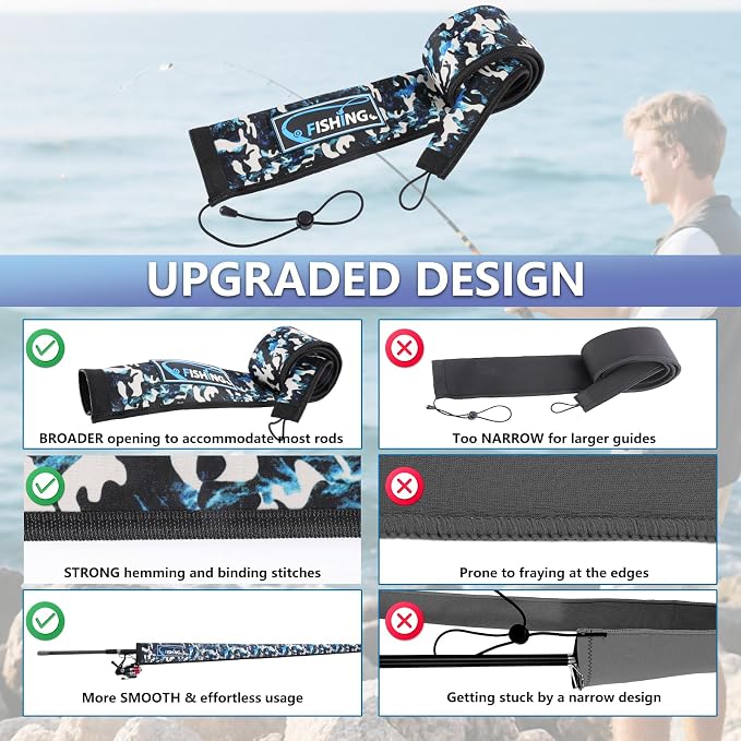 Lightproof Neoprene Fishing Rod Sleeve - Fishing Rod Cover for Storage & Transportation - Puncture Resistant Rod Sock for Casting, Trolling, Spinning Rods