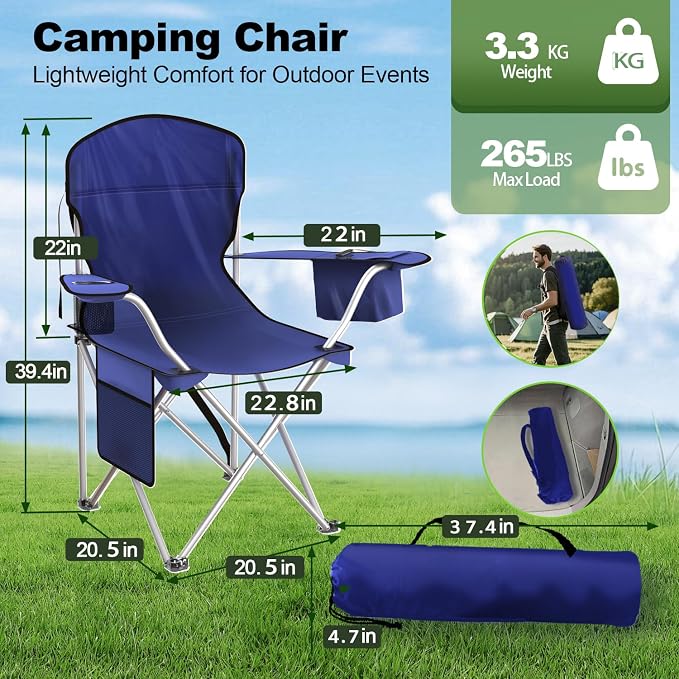 VTOY Folding Camping Chairs Durable 600D Oxford, Portable Outdoor Chair with Cooler Pouch, Cup Holder & Storage Pocket for Camping, Beach, Fishing