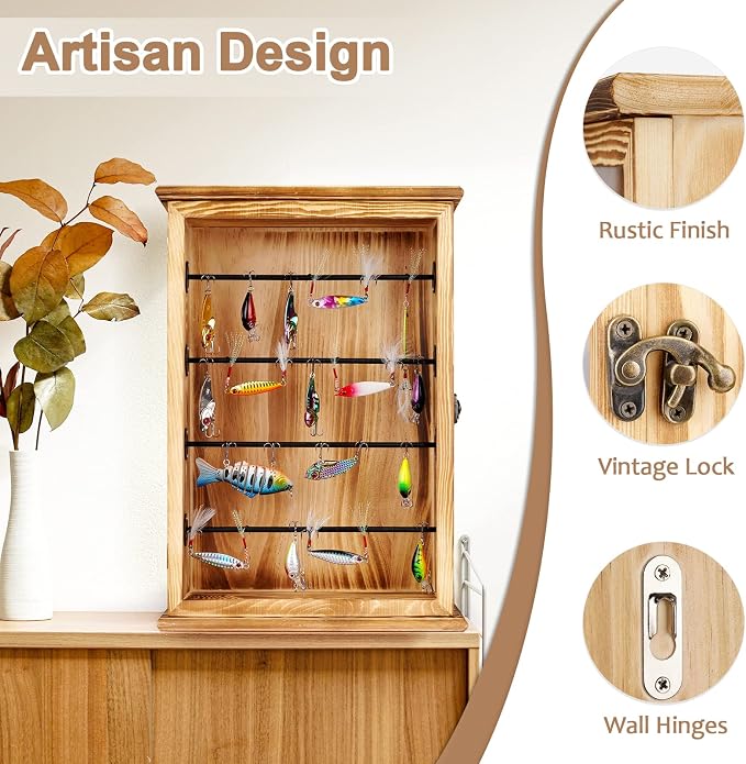 Fishing Lures Storage Display Case Wall Cabinet Tackle Box Organizer Fishing Gifts for Men with Door and Lockable for Study Room, Collection Room, Office, Garage