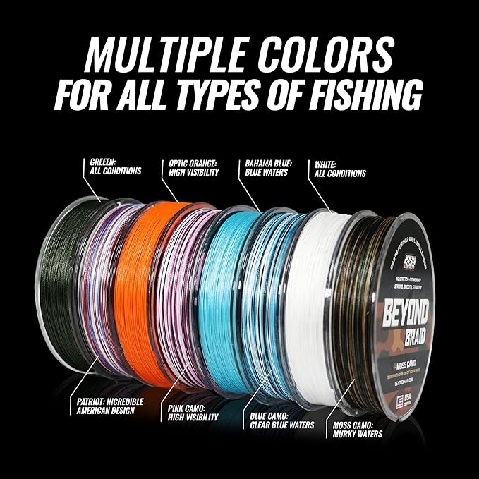 Beyond Braid Braided Fishing Line -Super Strong - Abrasion Resistant - No Stretch -Blue Camo, Moss Camo, White, Green, Pink, Blue, 4 Strand 8 Strand