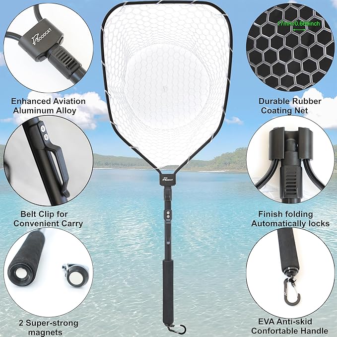 GOODCAT Fly Fishing Net, Bass Trout Landing Net, Folding Fishing Nets Fresh Water, Safe Fish Catching or Releasing, Fly Fishing net Magnetic Release