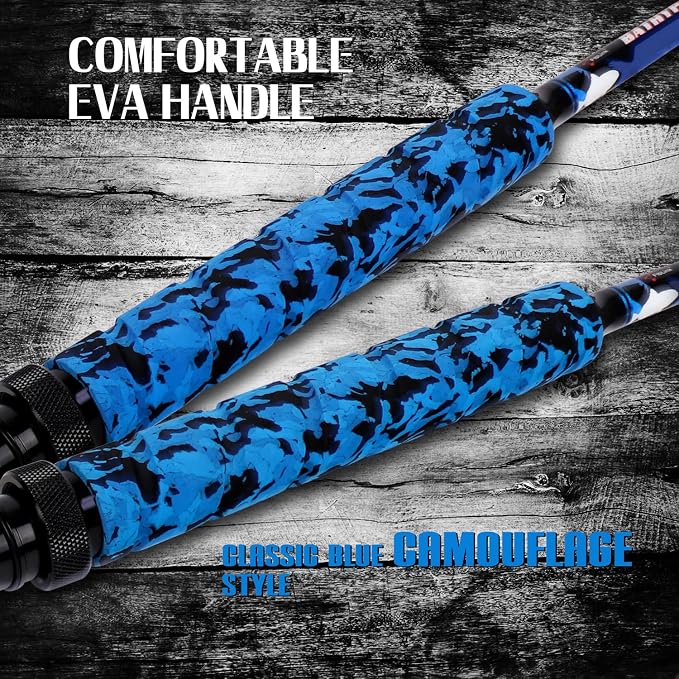 Fiblink Saltwater Fishing Rod 1Piece/2Piece Offshore Trolling Rod Big Game Deep Sea Rod Conventional Boat Blue Camouflage Fishing Pole(5'6"/6'/7')