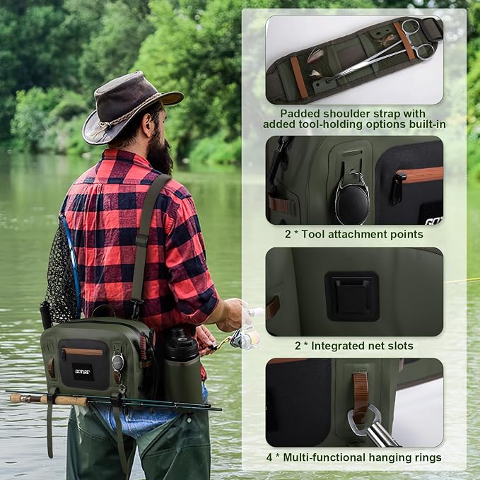 Goture Waterproof Fishing Waist Pack,IPX8 840D TPU Large Tackle Bags with Rod Holder,Airtight Zipper,Detachable Water Bottle Holder, 10L Fly Fishing Bag with Adjustable Strap, Wader Bag Included