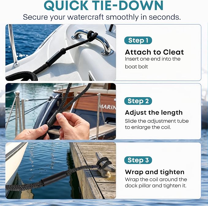 Boat Bungee Dock Lines, Scratch-Free Loop Ends Mooring Rope, Shock Absorbing Pontoon Tie Down Accessories Compatible with Models for Jet Ski（5ft-2 Pack-Black）