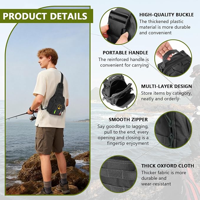 Fishing Backpack Small Fishing Tackle Storage Bag with 3 Methods of Carrying Large Capacity Sling Backpack for Outdoor Hiking Travel Hunting (Black)