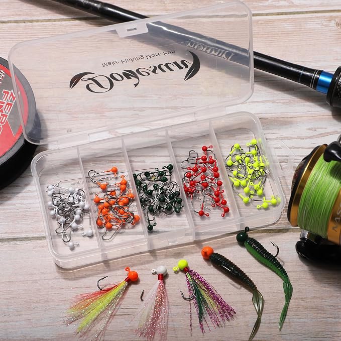 Dovesun 100pcs Fly Tying Jigs Kit, Jig Heads for Fly Fishing 1/124oz 1/80oz 1/64oz 1/32oz 1/16oz Jig Head Small Fly Fishing Hooks DIY Lure Making Kit Suit for Tying Flies | Crappie Lures