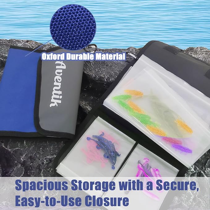 Aventik Fishing Tackle Organizer Case Soft Bait Binder Plastic Baits and Tackle Organized Removable Storage Pockets (L:Blue)