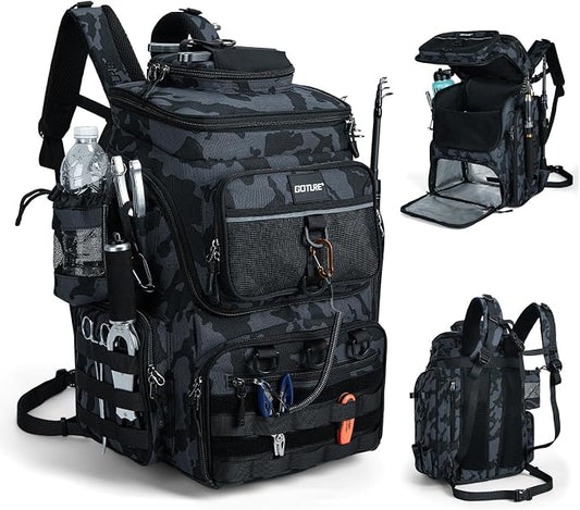 Goture Fishing Backpack, 900D Water-Resistant Tackle Bag with Rod Holders, Insulated Cooler Compartment, 55L Large Capacity Fishing Gear Storage for Saltwater&Freshwater Camping Hiking,Gifts for Men