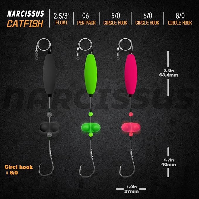 Narcissus Catfish Rigs Set – 6 Pre-Tied Rigs with 2 Sinker Sliders, Float Rigs Tackle, Santee Rig, Circle Hooks 6/0 – Complete & Ready-to-Use Kit