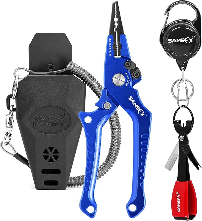 SAMSFX Aluminum Fishing Pliers Hook Remover Braid Line Cutter with Coiled Lanyard, Fly Fishing Knot Tying Tool & Retractors