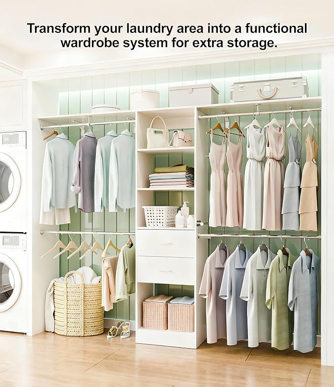 5-8FT Walk-in Closet Organizer System with 2 Wood Drawers, 4 Adjustable Hanging Rods, Wardrobe Storage Organizer with Valet Rod Duty Freestanding Garment Rack for Bedroom, Laundry, White