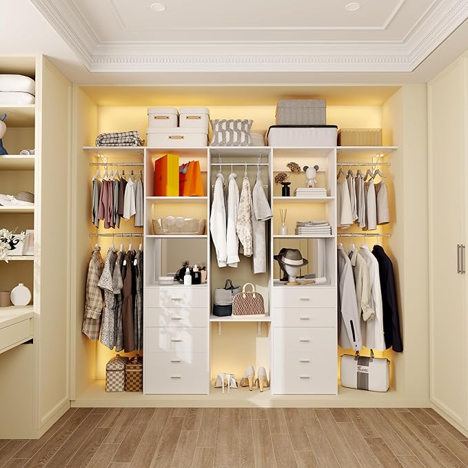 Closet System Set of 2 With Concealable Stool, Closet Organizer System With 8 Wood Drawers, Walk-In Closet Storage System, 10 Adjustable Cloth Garment Rack from 6Ft-10Ft, White