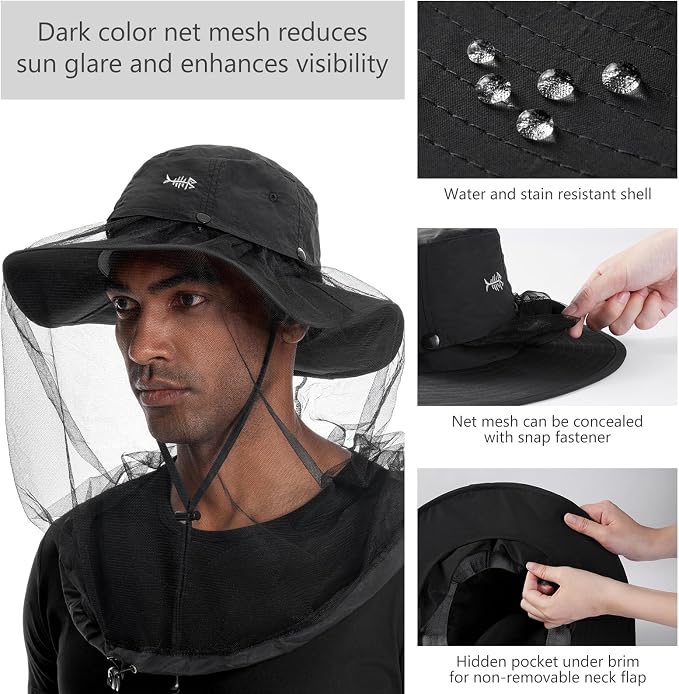 BASSDASH UPF 50+ Mosquito Sun Hat with Hidden Head Net and Neck Flap for Men Women Outdoor Fishing Hiking Camping