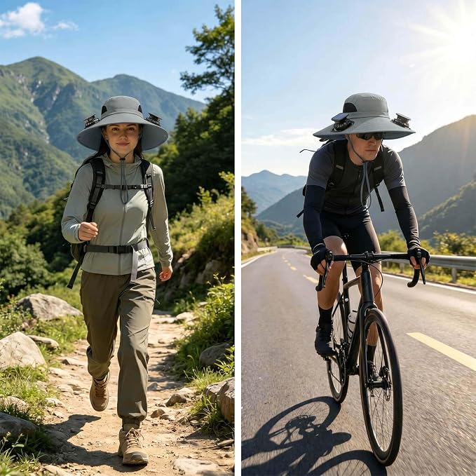 Solar Powered Fan Hat for Men Women Wide Brim Hat with 2 Fans UPF 50+ Outdoor Fishing Beach Sun Hat