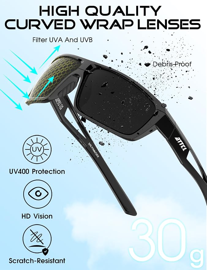 ATTCL Polarized Sunglasses Men Sports: UV Protection Lightweight TR90 Frame Anti-Slip Wrap-Around for Driving Fishing Golf
