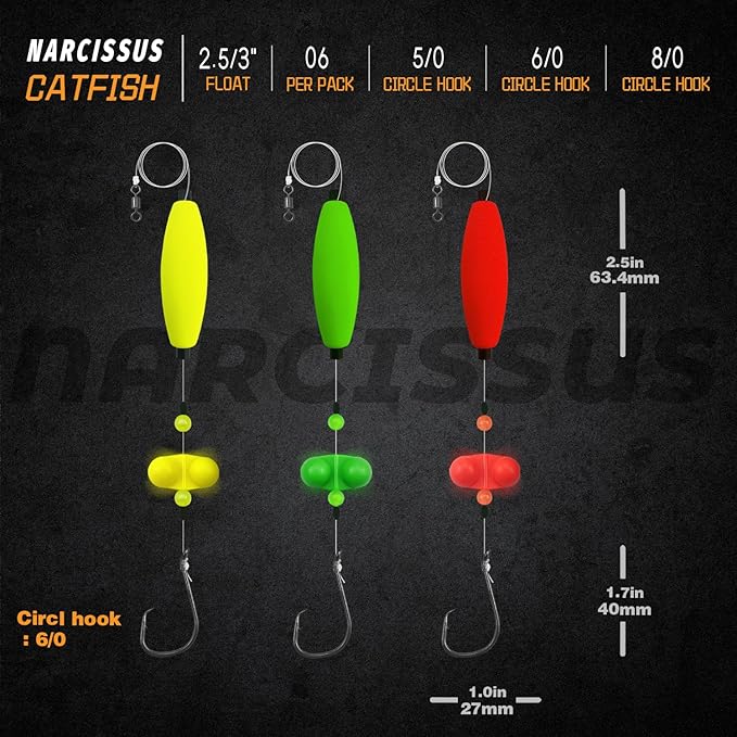 Narcissus Catfish Rigs Set – 6 Pre-Tied Rigs with 2 Sinker Sliders, Float Rigs Tackle, Santee Rig, Circle Hooks 6/0 – Complete & Ready-to-Use Kit