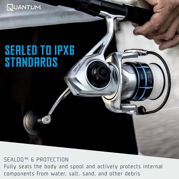 Quantum Strive Spinning Fishing Reel, Rigid Aluminum Frame, Graphite Rotor, Sealed Design, CFX200 Carbon Fiber Xtreme Drag, Silver/Blue