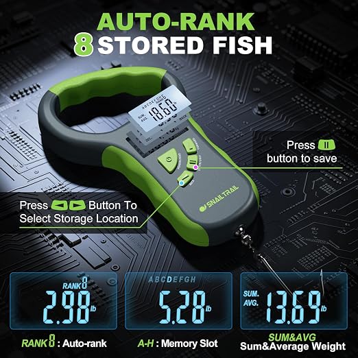 SNAIL TRAIL 8 Storage Bins Digital Fishing Scale & 4.6'' Lip Gripper, Backlit LCD Display, Multi-Mode(LB, OZ/LB & KG), Ergonomic Handle, 50 lbs Tournament Bass Fish Weigher for Anglers