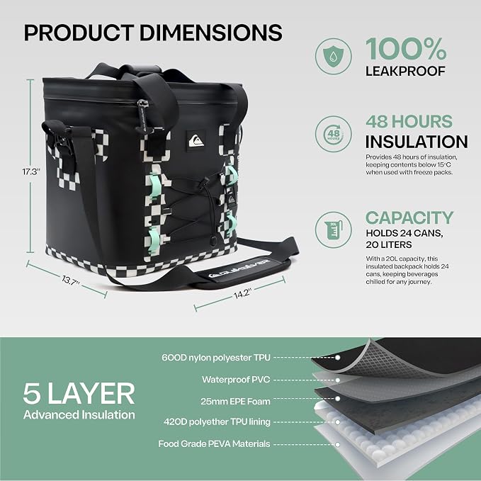 Quiksilver Welded Bungee Backpack Cooler, 30L/36 Cans, 48-72 Hours Insulation, Leakproof & Waterproof IPX7 Rated, Heavy-Duty 600D TPU, Adjustable Straps