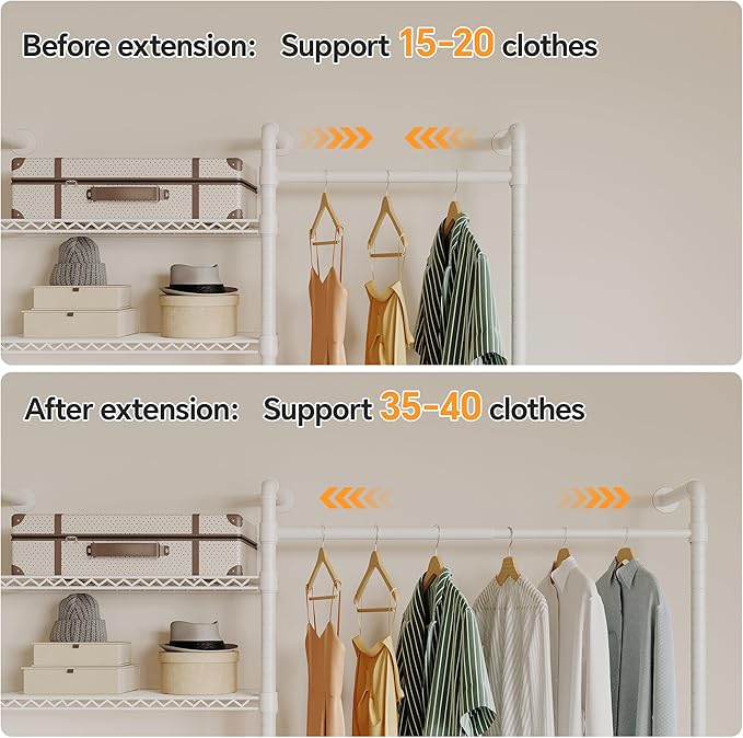 W3 Wall Mounted Closet System, Expandable Clothes Rack Heavy Duty Garment Rack Clothing Rack for Hanging Clothes, Industrial Pipe Closet Rack for Reach in Closet, White