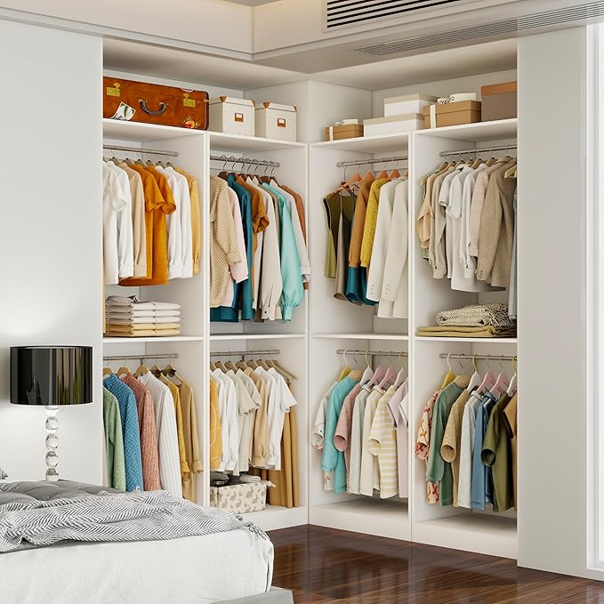 Closet System with 9 Hanging Rods& Shelf , 6FT Small Closet Organizer System Wood with Extra Side Hanging Rod for Walk in Closet Storage, Modular Closet Systems, White(6FT)