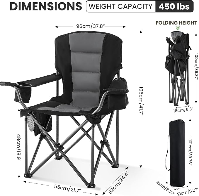 Portable Camping Chair for Adults Heavy Duty 450LBS Thick 600D Oxford Fabric Outdoor Oversized Camping Chairs with Cup Holder and Ice Bag for Sports, Fishing, Lawn (Black & Dark Gray)