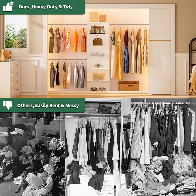 ROOMTEC Closet System, 25.5" Wide Wall-Mounted Closet Organizer Kit with Wood Storage Tower and 3 Hanging Rods, Wardrobe Closet System for Walk-In Closets, White