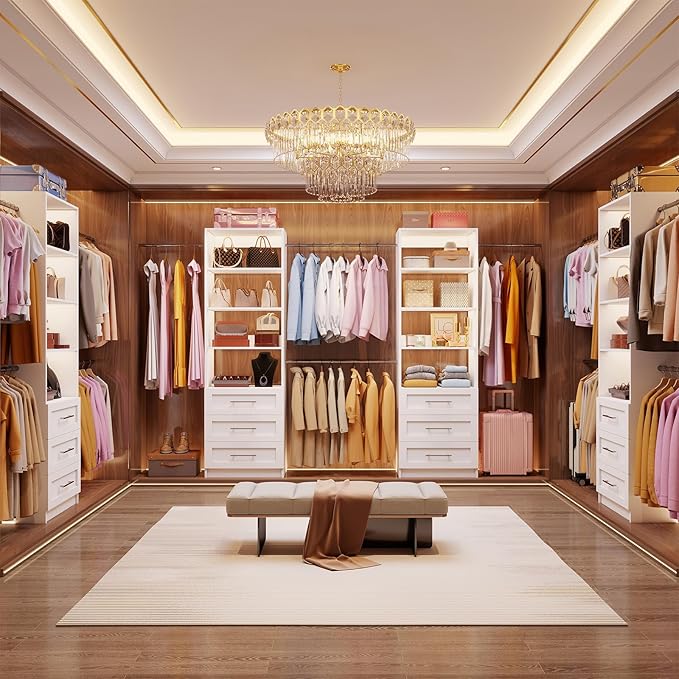 Closet System with 6 Drawers, 6FT-15FT Large Walk in Closet Organizer System with 8 Expandable Hanging Rods, Heavy Duty Wood Closet Storage System with 8 Shelves for Bedroom,White