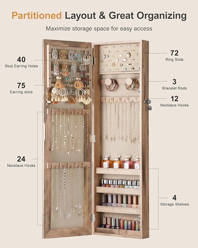 Nicetree Mirror Jewelry Cabinet, Jewelry Armoire with Full Length Mirror,Mirror with Jewelry Storage Wall/Door Mounted, Lockable Jewelry Armoire Organizer, Oak