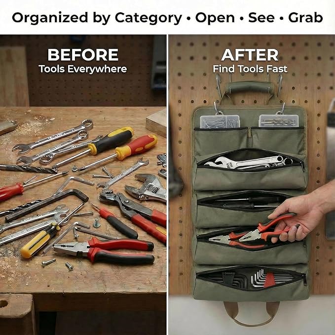 Tool Bag for Hand Tools: 6 Zipper Pockets Keep Tools Sorted - Hang-Open Access on Hooks/Pegboard - Heavy-Duty Garage Organizer for Homeowner DIY Repairs