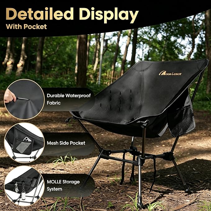 MOON LENCE Portable Camping Chair Plus, Larger & Roomier, Compact and Lightweight, Folding Chair for Backpacking Hiking Beach, Ultralight Camp Chair 330Lbs Capacity (Black)