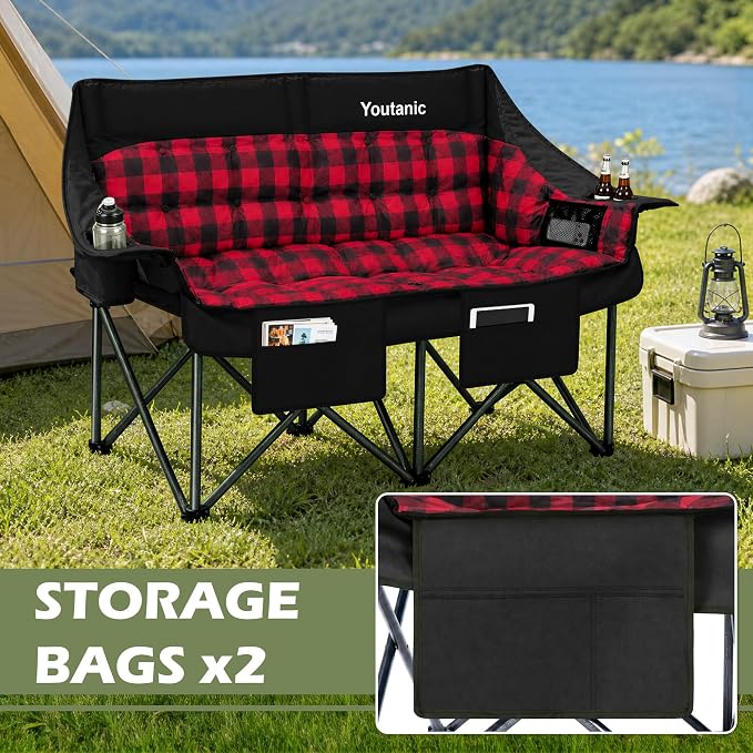 Youtanic Double Camping Chair, Heavy Duty 650lbs Padded Loveseat for Adults, Folding 2 Person Camp Couch with Cup Holder & Carry Bag, Wide Plaid Portable Lawn Seat for Outdoor Beach Sports, Red-Black