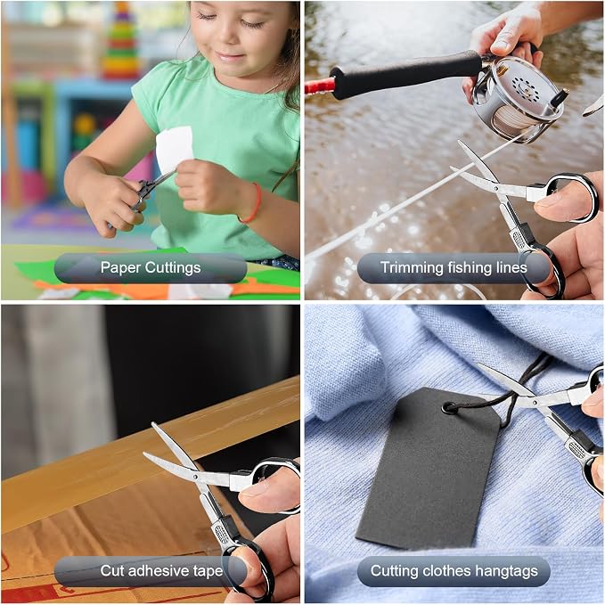 2 Pcs Folding Stainless Steel Portable Mini Travel Scissors, Safety Foldable Pocket Badge Small Scissors All Purpose with 2 Keychain for Travel, Office, Craft, Sewing, Nurse Accessories (Gray Black)