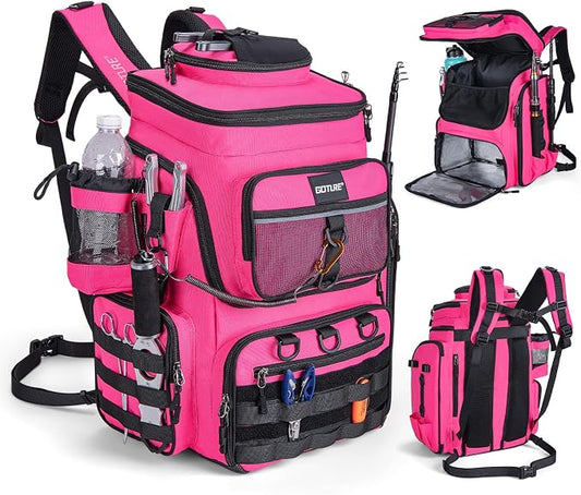 Goture Fishing Backpack,900D Water-Resistant Tackle Bag with Rod Holders, Insulated Cooler Compartment,55L Large Capacity Fishing Gear Storage for Saltwater&Freshwater Camping Hiking,Gifts for Women
