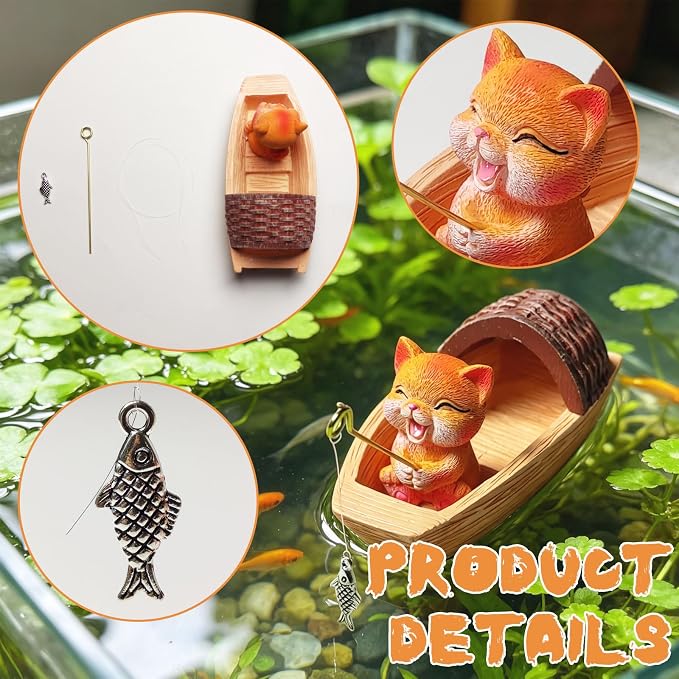 Floating Aquarium Decor, Resin Fishing Cat Fish Tank Decorations, Floating Boat Fish Tank Landscape Decoration, Cute Little Cat Aquarium Decoration for Betta,Guppy and Shrimp, 1 Piece