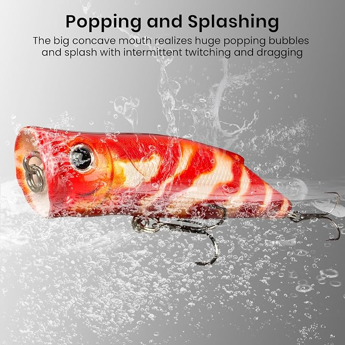 Pristis 3 pcs Topwater Fishing Plopper Lures, Floating Popper Bait Set with Chemically Sharpened Hooks for Saltwater Freshwater, Top Water Plopping Swimbait Teaser for Bass Tuna Perch Pike Crappie