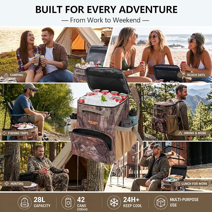 Backpack Cooler, 42 Can 16mm Leakproof Soft Cooler Backpack, Waterproof & Lightweight Camo Lunch Backpack for Work, Fishing, Beach, Day Trips, Large Capacity with Dry/Wet Storage