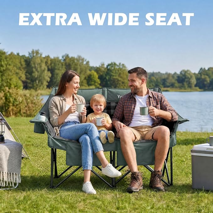 Youtanic Double Camping Chair, Heavy Duty 650lbs Padded Loveseat for Adults, Folding 2 Person Camp Couch with Cup Holder & Carry Bag, Wide Plaid Portable Lawn Seat for Outdoor Beach Sports, Gray