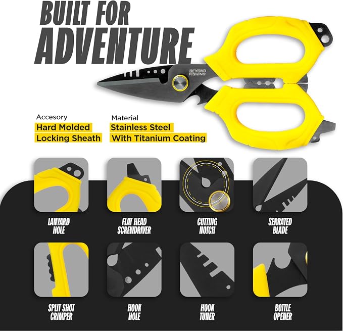 Beyond Fishing 6.5" Pro Fishing Shears Dual Serrated Blades, Fishing Braided Line Scissors with Titanium Coating, Non-Slip Grip & Multifunction Tool, Includes Hard Molded Locking Sheath