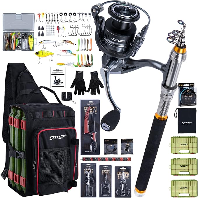 Goture Fishing Kits for Adult,Fishing Pole and Reel Combo, OpenSide Fishing Sling Tackle Storage Bag with 3 Tackle Boxes,Gift for Men