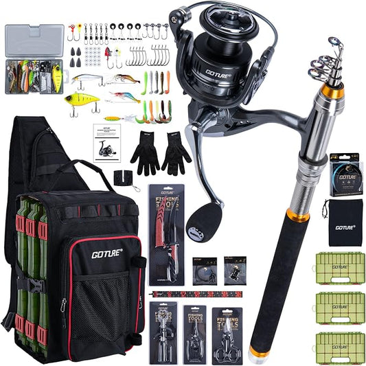Goture Fishing Kits for Adult,Fishing Pole and Reel Combo, OpenSide Fishing Sling Tackle Storage Bag with 3 Tackle Boxes,Gift for Men