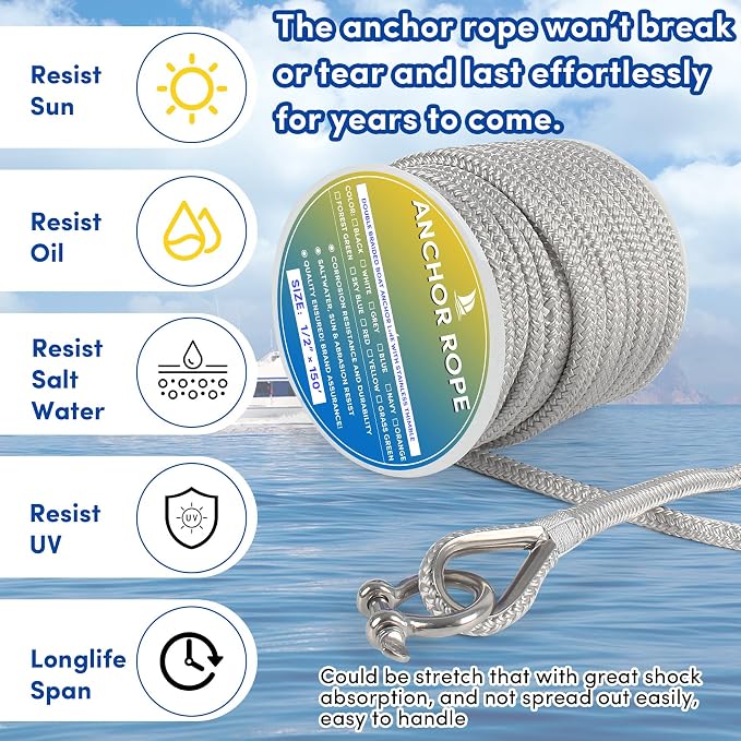Boat Anchor Rope 150 ft x 1/2 inch Grey, Double Braided Anchor Line with Stainless Steel Thimble & Shackle, Marine Rope Ideal for Towing,Mooring,Decks,Anchoring,for Boats Up to 35'