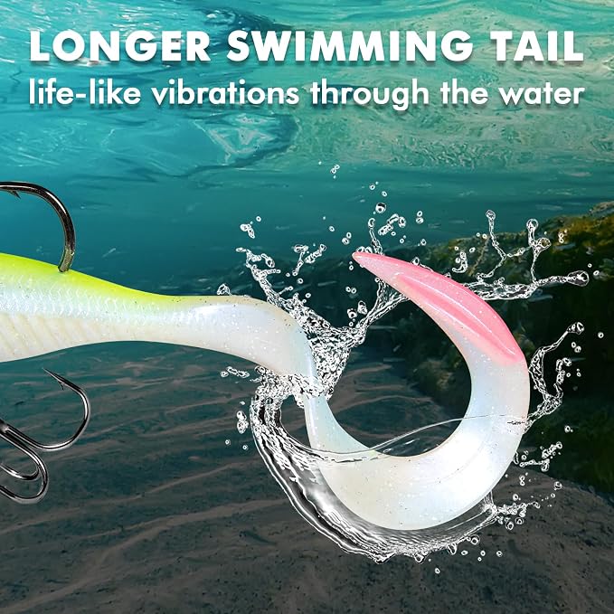 TRUSCEND Duramax Pre-Rigged Fishing Lures with BKK Jig Hooks, 10X Tear-Resistant TPE Soft Swimbaits for Bass Striper Trout Crappie Walleye Grouper, Lifelike Fishing Baits for Saltwater and Freshwater