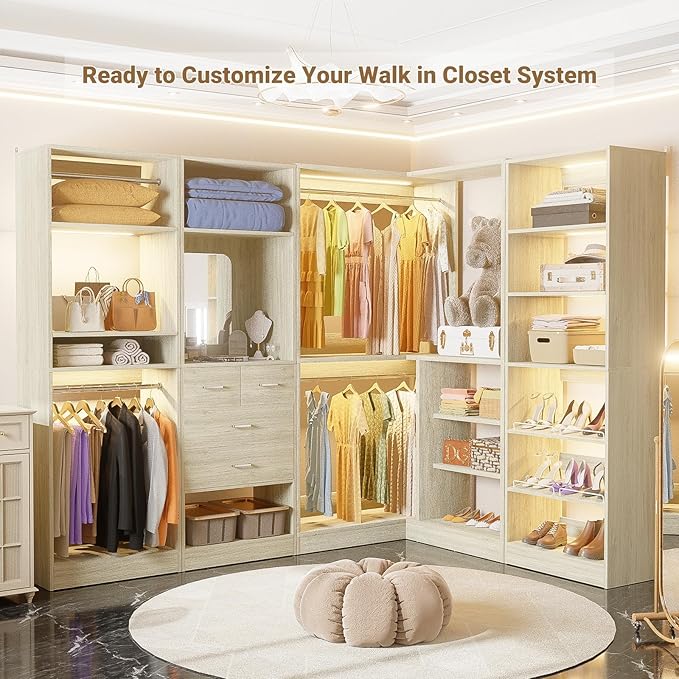 Unikito 36 Inch Corner Closet System, Large Freestanding Closet Organizer System with 2 Hanging Rods and Storage Shelves, Sturdy Walk in Tower, 36" W x 36" D x 80" H, White Oak