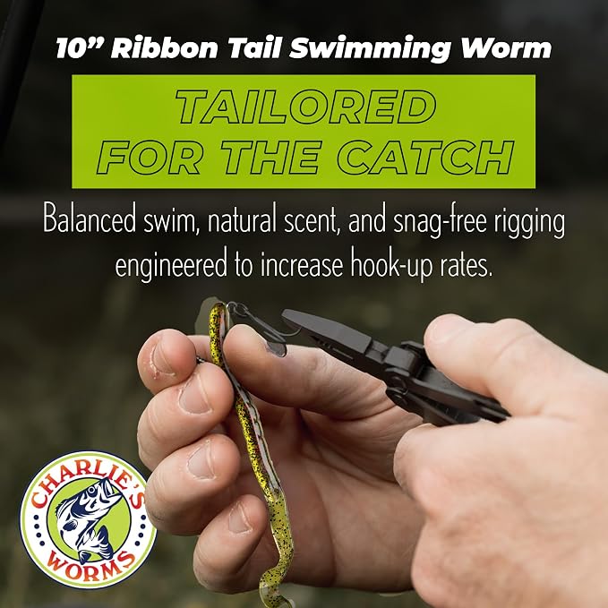 Charlie's Worms 10" Ribbon Tail Soft Plastic Worms for Bass Fishing, Freshwater & Saltwater Lures, Scented Swim Bait, Texas Rigged, Weedless, Large & Smallmouth, White Firetail, 6-Pack