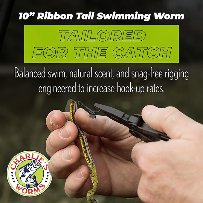 Charlie's Worms 10" Ribbon Tail Soft Plastic Worms for Bass Fishing, Freshwater & Saltwater Lures, Scented Swim Bait, Texas Rigged, Weedless, Large & Smallmouth, White Firetail, 6-Pack