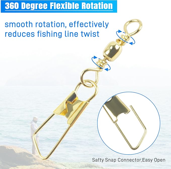 AGOOL Fishing Swivels Snaps, 60/120pcs Barrel Swivels with Nice Snaps Gold High Strength Solid Rings Line Lures Connector Fishing Tackle Accessories