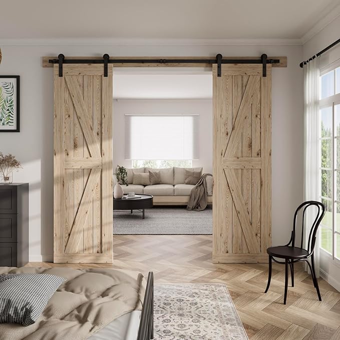 CCJH 18FT Sliding Barn Door Hardware Kit, Heavy Duty, Smoothly and Silently, Easy to Install, Fit 54" Width Double Door Panel, I Shaped Hangers Black