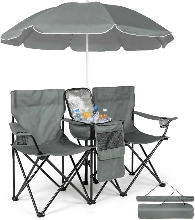 Double Camping Chair with Removable Umbrella, 2-Person Portable Folding Chair with Built-in Cooler Bag, Cup Holders & Storage Pockets, Heavy Duty Loveseat for Beach, Picnic, Fishing, Grey