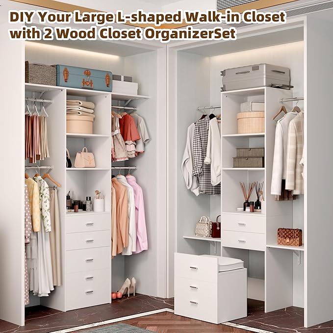 Closet System Set of 2 With Concealable Stool, Closet Organizer System With 8 Wood Drawers, Walk-In Closet Storage System, 10 Adjustable Cloth Garment Rack from 6Ft-10Ft, White